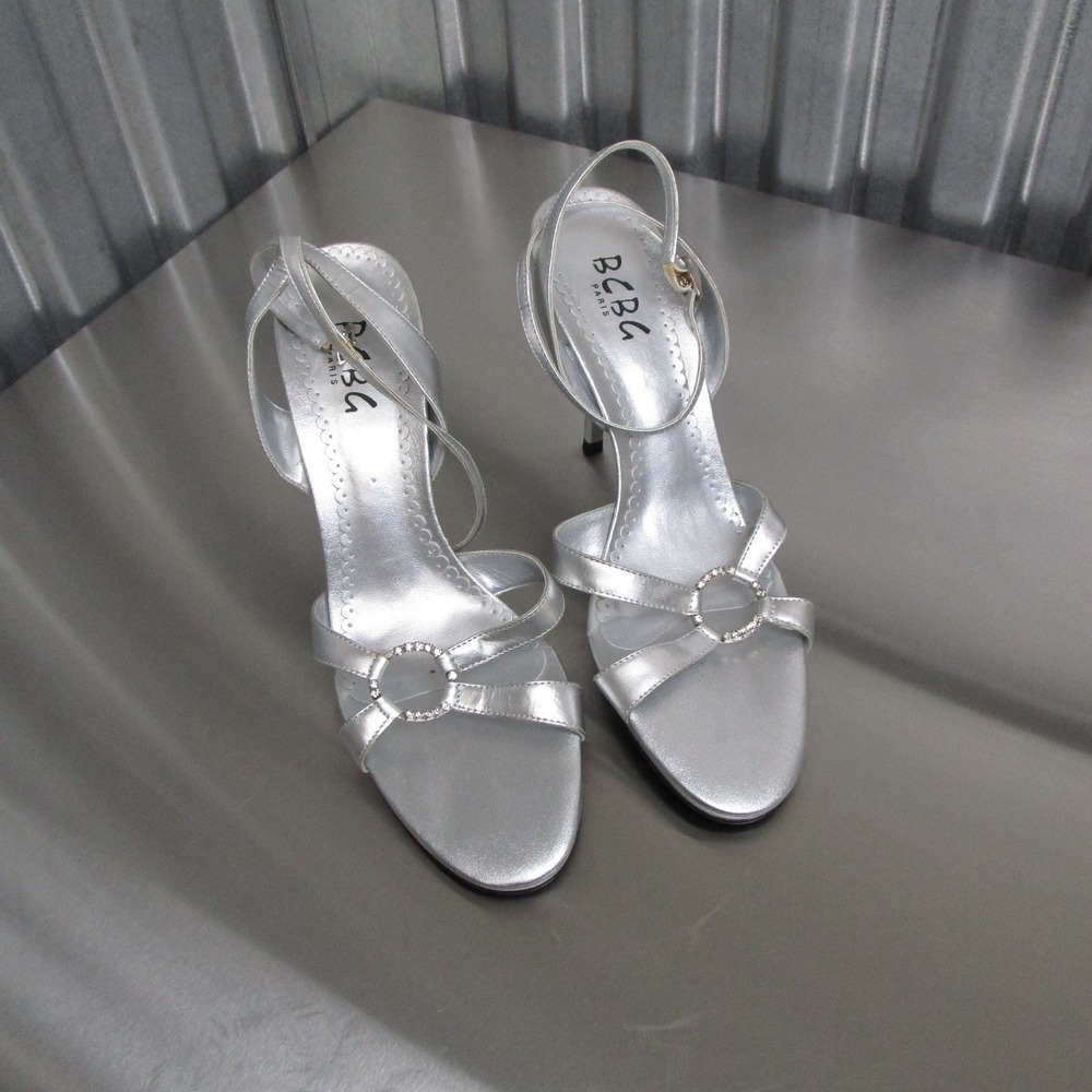BCBG Paris Womens Silver Metallic Rhinestone Ring Strappy Stiletto Heels Size 8B
